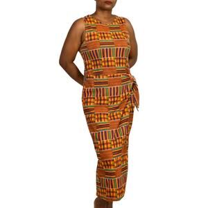 Vintage Sarong Wrap Dress Yellow 80s Midi Kente Geo Block Straight Size Medium